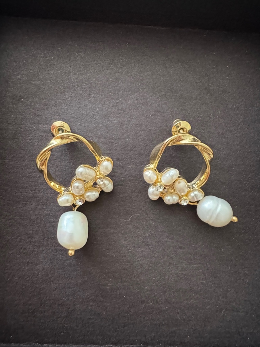 Gold Pearl Cluster Drop Earrings with White Freshwater Pearls